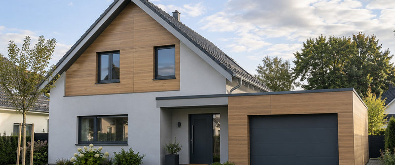 Einfamilienhaus mit Fassadenplatten in Holzoptik aus Aluverbund an Giebel und Garage – Deutsche Kunststoffbedachungen