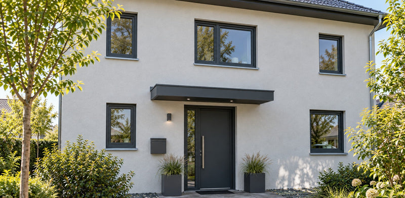 Moderner Hauseingang mit Rechteckvordach in Anthrazit, Haustür und Pflanzkübeln am Einfamilienhaus – Deutsche Kunststoffbedachungen