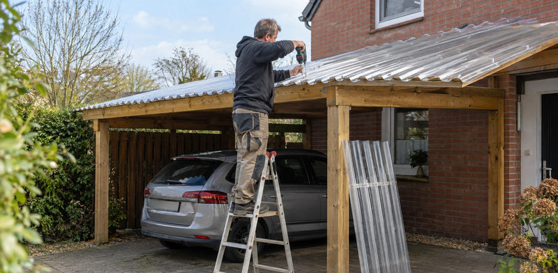 Heimwerker verschraubt klare Wellplatten auf dem Holz-Carport vor einem Klinkerhaus – Deutsche Kunststoffbedachungen