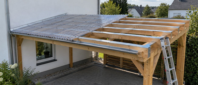 Holz-Carport mit Pfetten, deren Oberseiten mit Alu-Klebeband abgedeckt sind, teils mit Wellplatten eingedeckt – Deutsche Kunststoffbedachungen