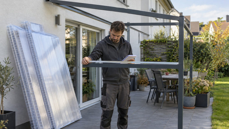 Mann misst die Alu-Unterkonstruktion eines Terrassendachs, daneben lehnen Polycarbonat-Stegplatten – Deutsche Kunststoffbedachungen