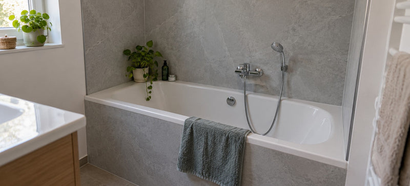 Badewanne mit Wandverkleidung aus Aluverbundplatten in grauer Steinoptik statt Fliesen – Deutsche Kunststoffbedachungen