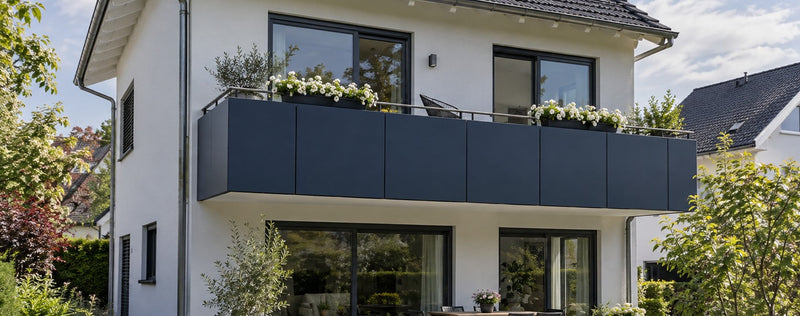 Farbige Balkonverkleidung aus HPL-Platten in Navy Blau an einem weißen Einfamilienhaus – Deutsche Kunststoffbedachungen