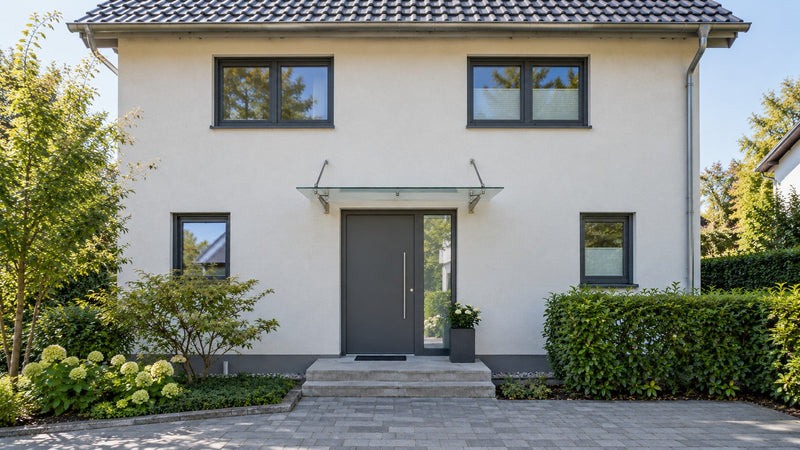 Großes Vordach aus Acrylglas über Haustür mit Seitenfenster an einem Einfamilienhaus – Deutsche Kunststoffbedachungen