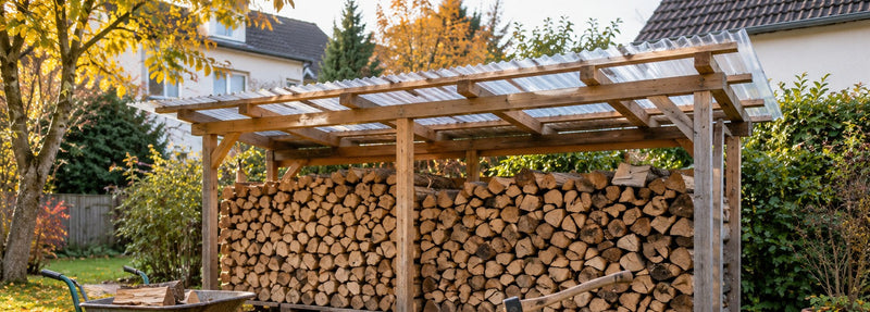 Brennholzunterstand mit klaren Polycarbonat-Wellplatten als Dach im herbstlichen Garten eines Einfamilienhauses – Deutsche Kunststoffbedachungen