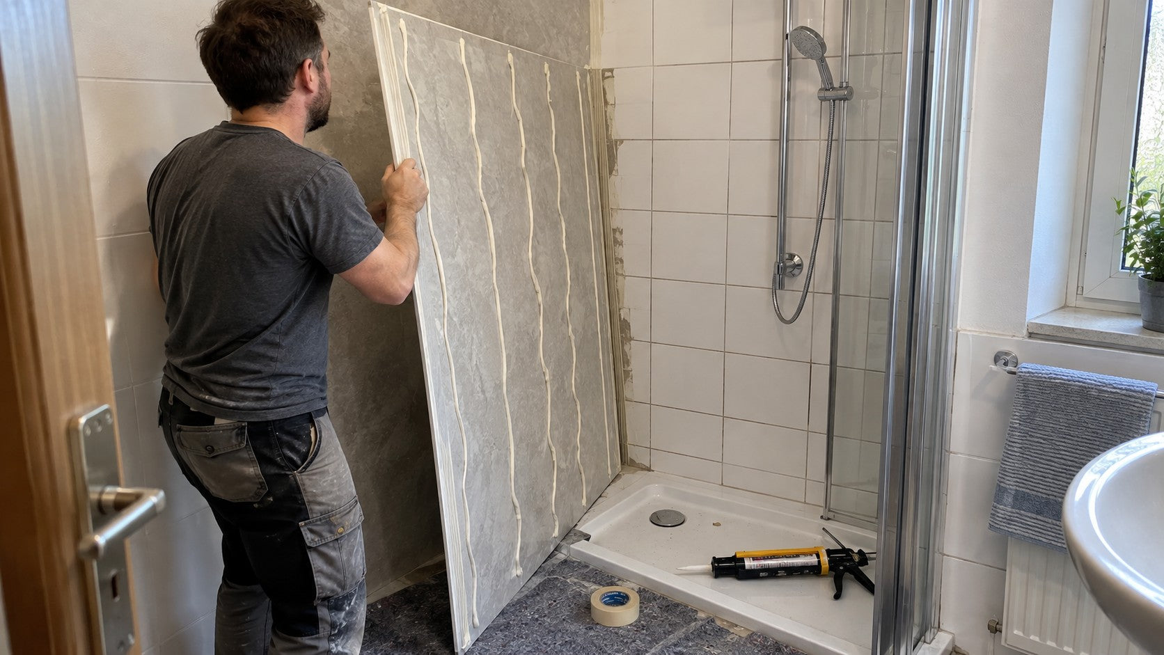 Heimwerker klebt eine Duschrückwand aus Aluverbund mit senkrechten Kleberaupen auf alte Fliesen – Deutsche Kunststoffbedachungen