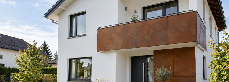 Balkonbrüstung und Eingangsbereich mit Aluverbundplatten in Rostoptik an einem Einfamilienhaus – Deutsche Kunststoffbedachungen