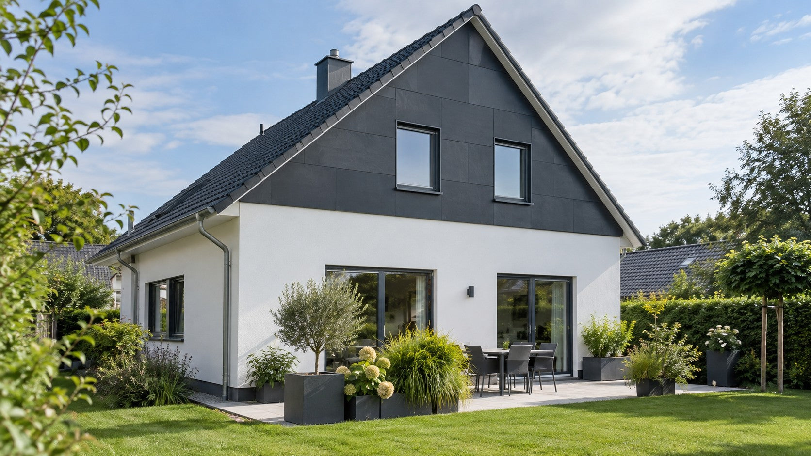 Einfamilienhaus mit Giebel aus Aluverbundplatten in Schieferoptik und weißer Putzfassade – Deutsche Kunststoffbedachungen