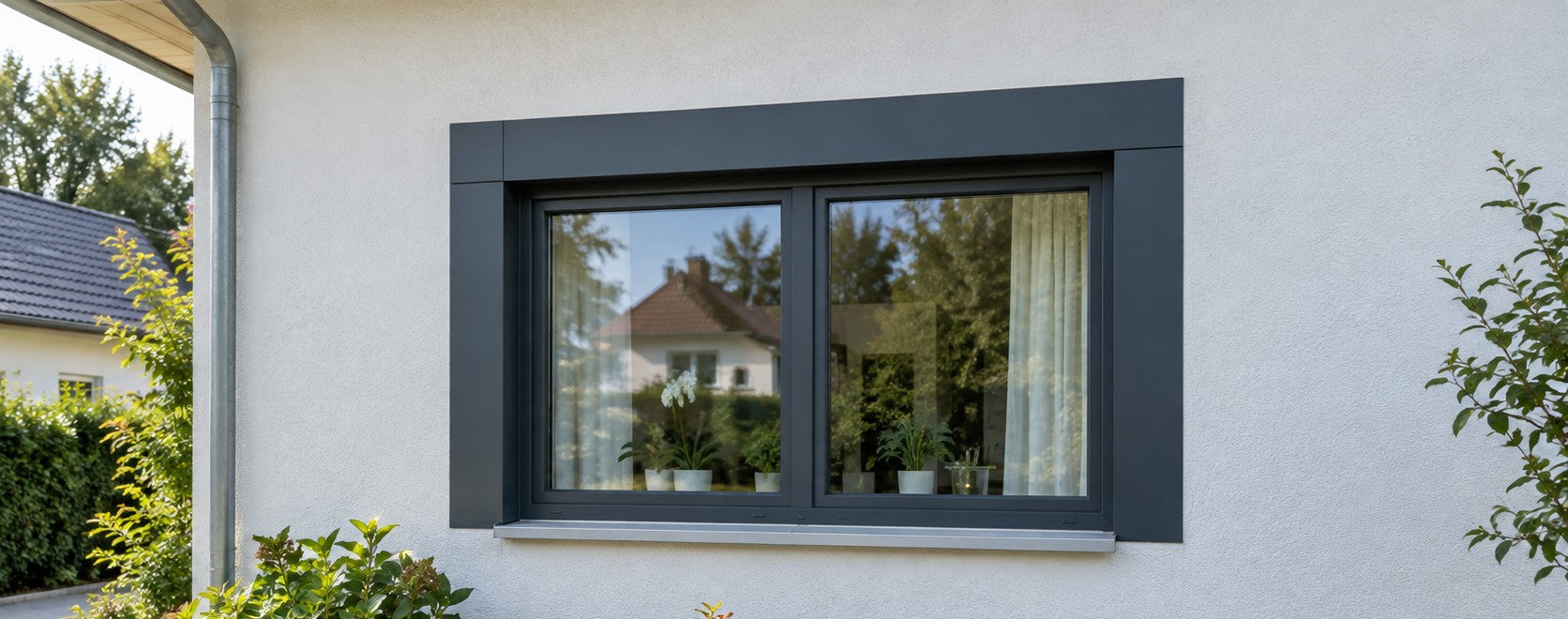 Fenster an einem Einfamilienhaus mit außen verkleideter Fensterlaibung aus anthrazitfarbenen Aluverbundplatten – Deutsche Kunststoffbedachungen
