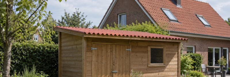 Gartenhaus mit Pultdach aus terracottaroten Wellplatten vor einem Klinkerhaus – Deutsche Kunststoffbedachungen