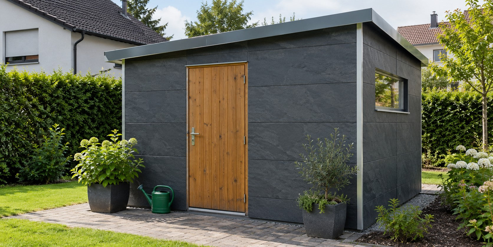 Gartenhaus mit Aluverbundplatten in Schieferoptik verkleidet, mit Holztür im Garten – Deutsche Kunststoffbedachungen