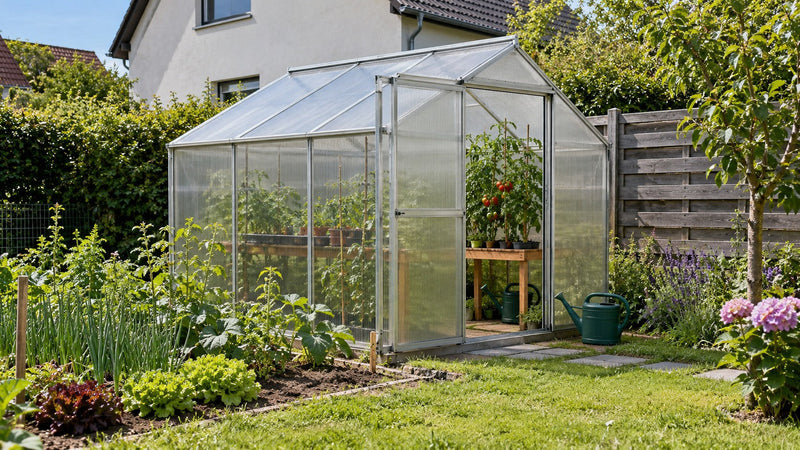 Klar eingedecktes Gewächshaus mit Doppelstegplatten aus Polycarbonat im Hausgarten – Deutsche Kunststoffbedachungen