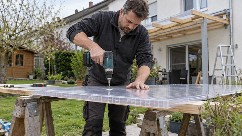 Heimwerker bohrt mit dem Akkuschrauber eine Polycarbonat-Stegplatte auf Holzböcken im Garten – Deutsche Kunststoffbedachungen