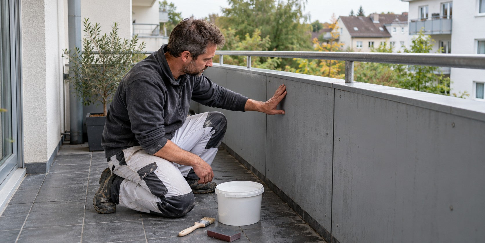 Heimwerker prüft graue Platten einer Balkonbrüstung, daneben Farbeimer, Pinsel und Schleifklotz – Deutsche Kunststoffbedachungen