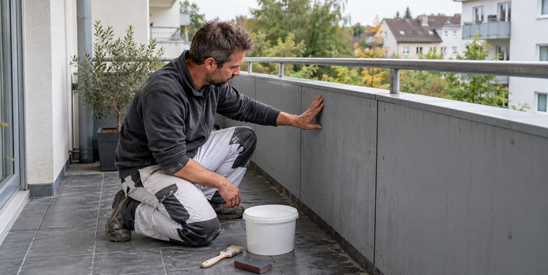 Heimwerker prüft graue Platten einer Balkonbrüstung, daneben Farbeimer, Pinsel und Schleifklotz – Deutsche Kunststoffbedachungen