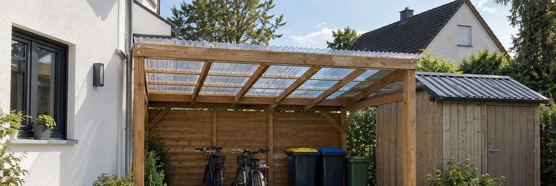 Holz-Carport mit klaren Kunststoff-Wellplatten neben einem Schuppen mit Trapezblech – Deutsche Kunststoffbedachungen