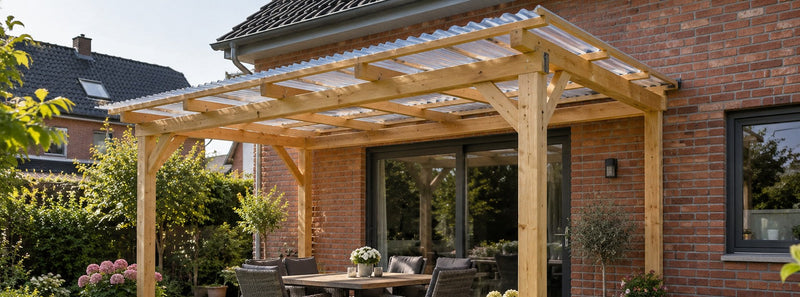 Holzpergola an einem Klinkerhaus, mit klaren Wellplatten überdacht, darunter eine Sitzgruppe auf der Terrasse – Deutsche Kunststoffbedachungen