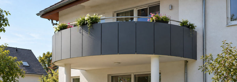 Halbrunder Balkon an einem Einfamilienhaus, verkleidet mit geraden anthrazitfarbenen HPL-Platten in Segmenten – Deutsche Kunststoffbedachungen