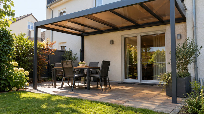 Terrassendach mit bronzefarbenen Polycarbonat-Stegplatten über der Terrasse eines Reihenhauses – Deutsche Kunststoffbedachungen